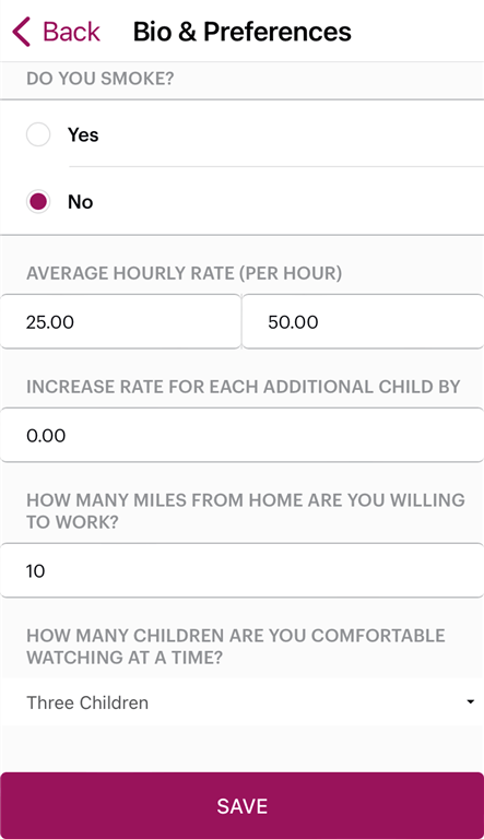 In-app screenshot showing how to adjust your rates in the Sittercity app.