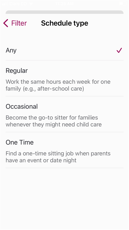 In-app screenshot showing the three scheduling options available on Sittercity: regular, occasional, and one-time gigs.