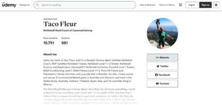 Kettlebell expert Taco Fleur's "About me" section for his Udemy profile
