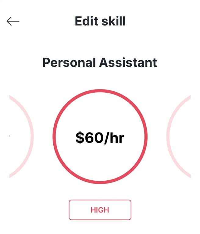 In-app screenshot showing the process of setting your rate for personal assistant jobs in the Tasker app.