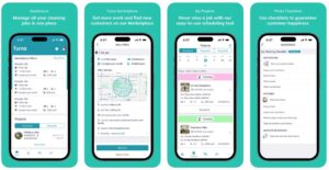 Screenshots of the Turno mobile app for cleaners showing the features and benefits of working through Turno