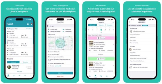 Screenshots of the Turno mobile app for cleaners showing the features and benefits of working through Turno
