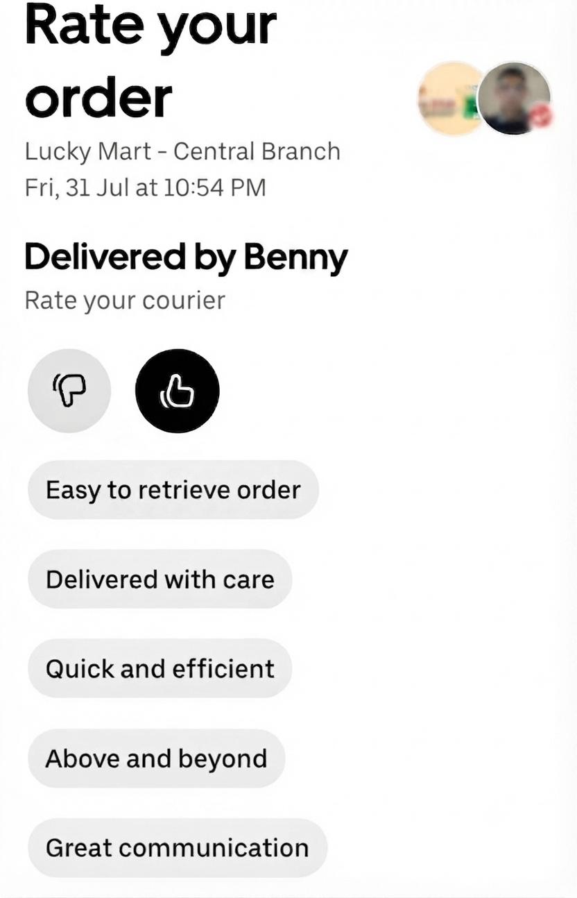 Screenshot of the driver's rating prompt on the UberEats app after delivery.
