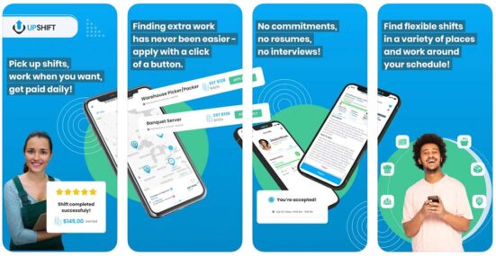 Screenshots of the Upshıft mobile app showing the features of the app for workers picking up shifts
