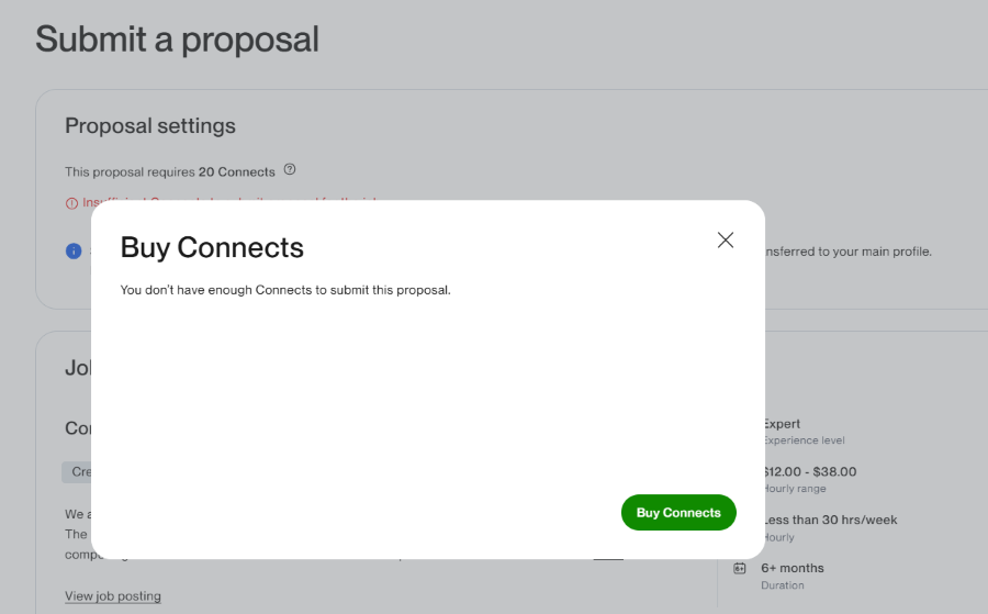 Screenshot showing message on Upwork barring freelancer from applying to job due to low credit.