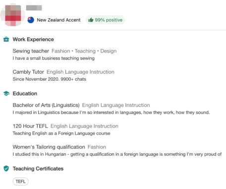 Screenshot of Jodi Wade's Cambly tutoring credentials.