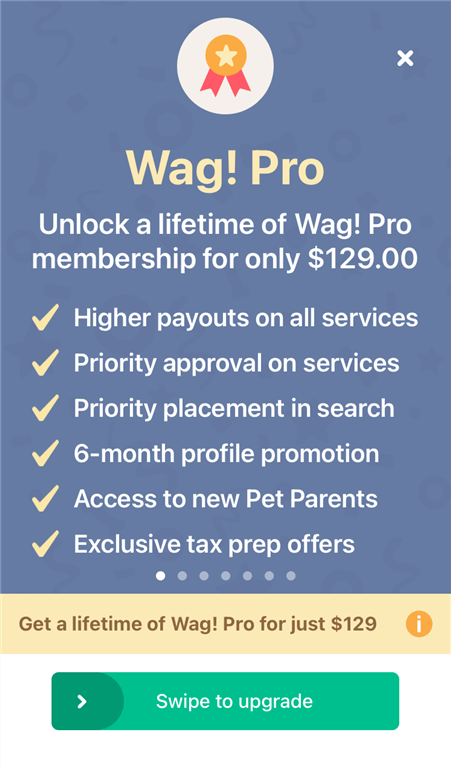 Screenshot listing all the perks that come with paying for a Wag! Pro membership.