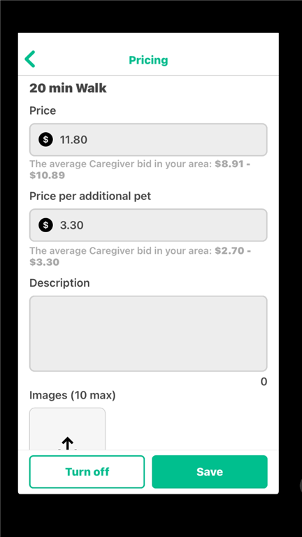 In-app screenshot showing how you set your rates for a 20-minute walk.