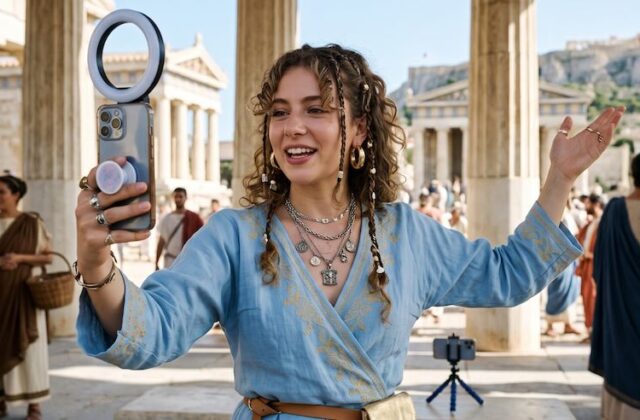 AI-generated influencer filming a vlog in Ancient Greece.