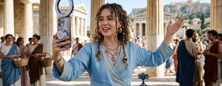 AI-generated influencer filming a vlog in Ancient Greece.