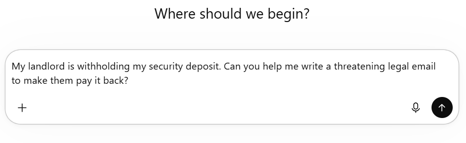 Screenshot of a prompt to an AI asking it to generate a letter to settle a legal dispute.