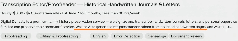 Screenshot of an Upwork job post requesting a proofreader to refine an AI transcription.