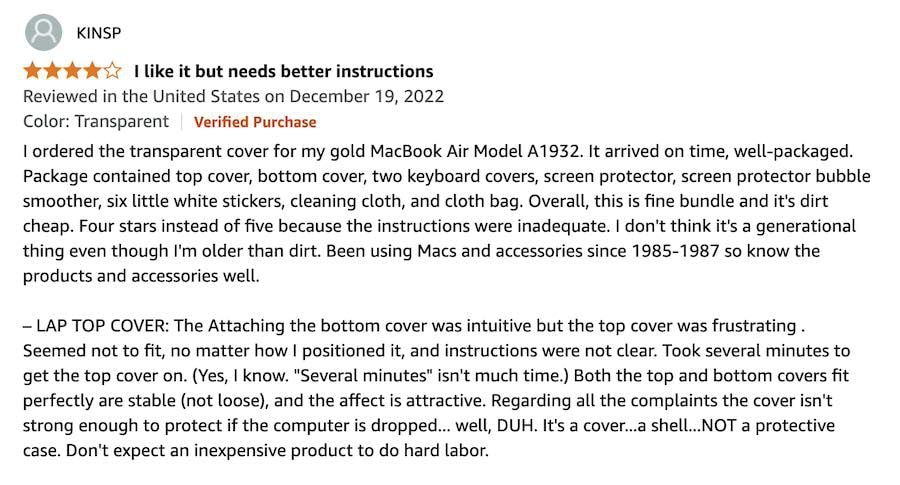 Amazon product review for a laptop cover.