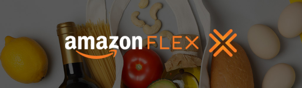 Amazon Flex logo against the background of a table filled with food and beverages