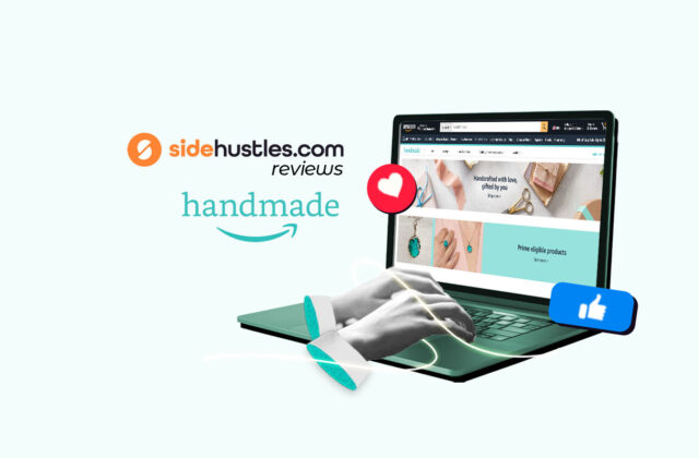 Laptop open to Amazon Handmade website and hands typing, representing a crafter or artisan signing up to sell on Amazon