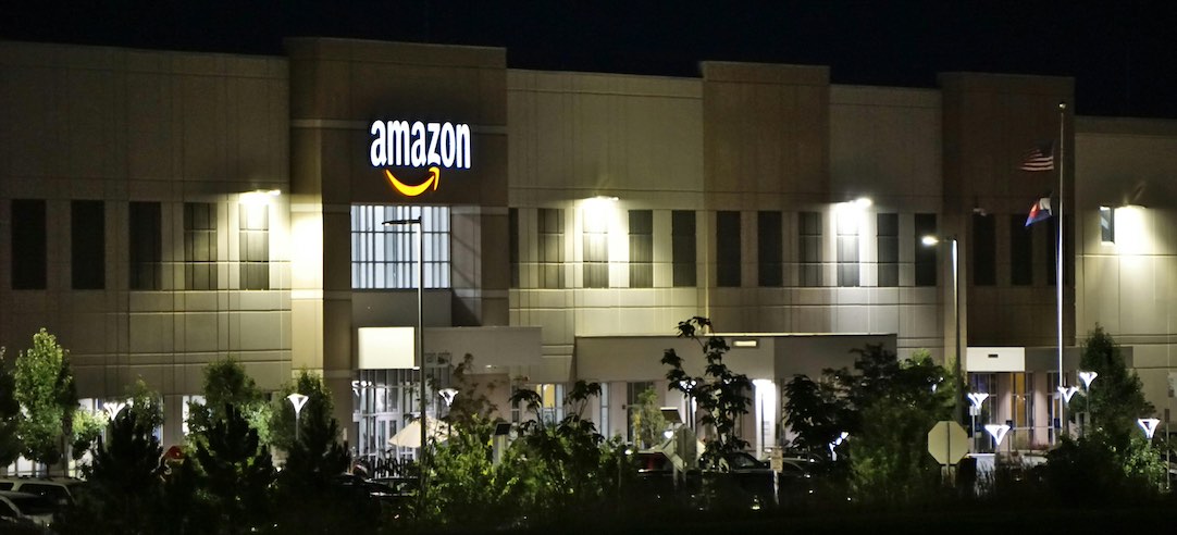 Photo of an Amazon office in the US at night.