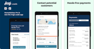 Screenshots of the Angi Pro Leads app (formerly HomeAdvisor app) for contractors showing the benefits for pros