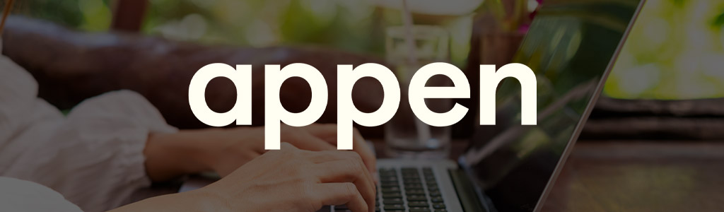 Appen logo against a darkened background showing someone typing on a laptop
