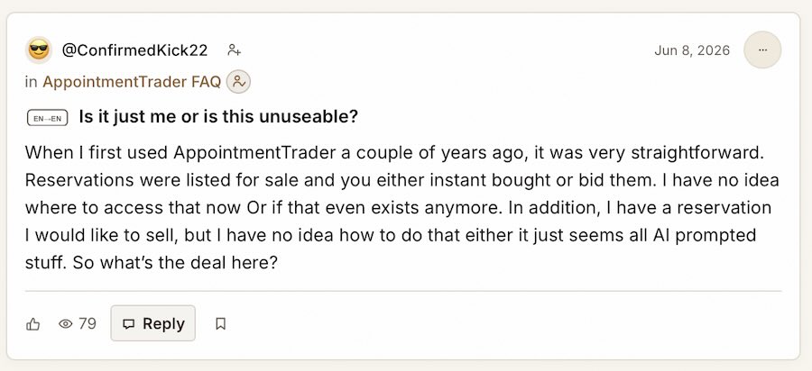 Screenshot of a user complaint on Appointment Trader.