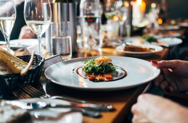 Close view of a plate of food at a fine dining establishment.