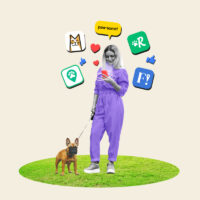 Woman walking a dog surrounded by the logos of different side hustle apps for pet sitters