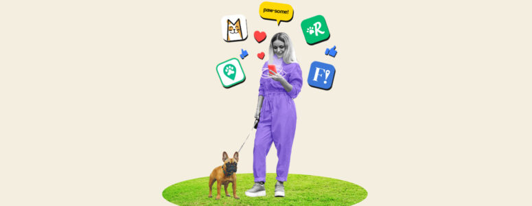 Woman walking a dog surrounded by the logos of different side hustle apps for pet sitters
