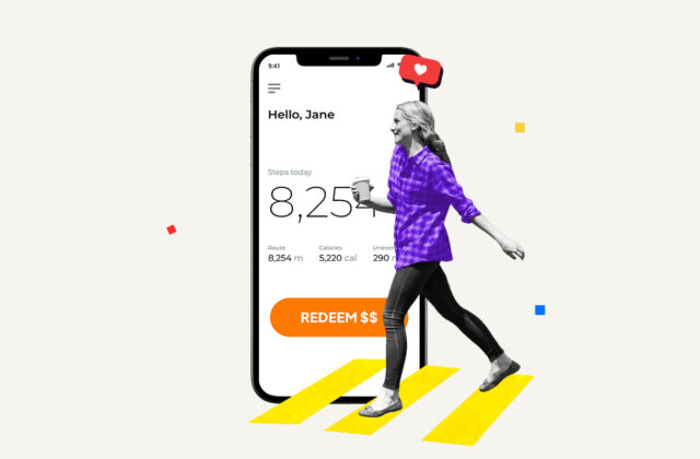 Woman walking in front of a smartphone showing a pedometer representing apps that pay you to walk