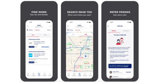 Screenshots of the Bacon mobile app for picking up shifts locally