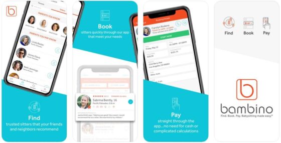 Four interconnected images showing listed jobs and sitter profiles in the Bambino app