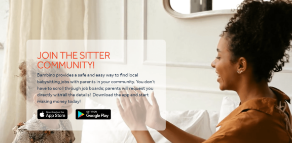 Bambino app signup page for babysitters, showing a babysitter playing a game with a child