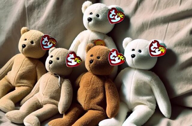 Pre-owned Beanie Babies on a bed, waiting for resale on an e-commerce platform.