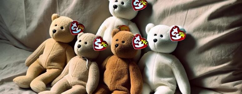 Pre-owned Beanie Babies on a bed, waiting for resale on an e-commerce platform.