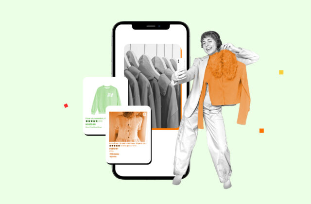 Woman holding an article of clothing in front of a smartphone screen showing an app used for selling clothes online