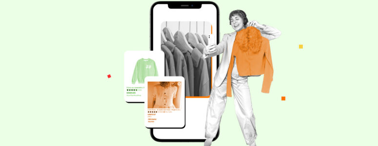 Woman holding an article of clothing in front of a smartphone screen showing an app used for selling clothes online