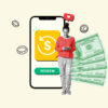Woman standing in front of a background showing a smartphone and a stack of money representing the best cash back apps