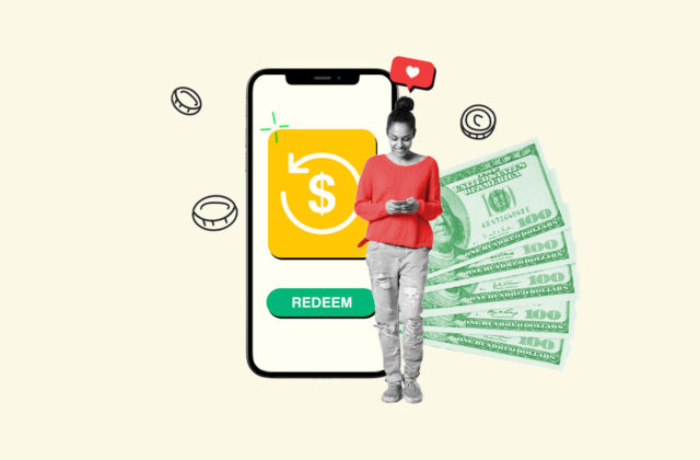Woman standing in front of a background showing a smartphone and a stack of money representing the best cash back apps