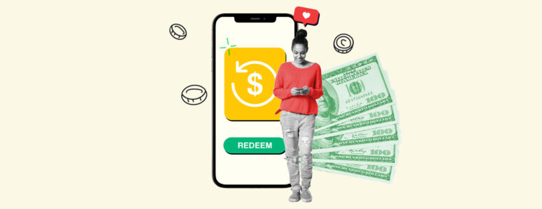 Woman standing in front of a background showing a smartphone and a stack of money representing the best cash back apps
