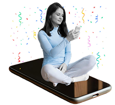 woman sitting on a phone while using phone apps to earn money with confetti all around