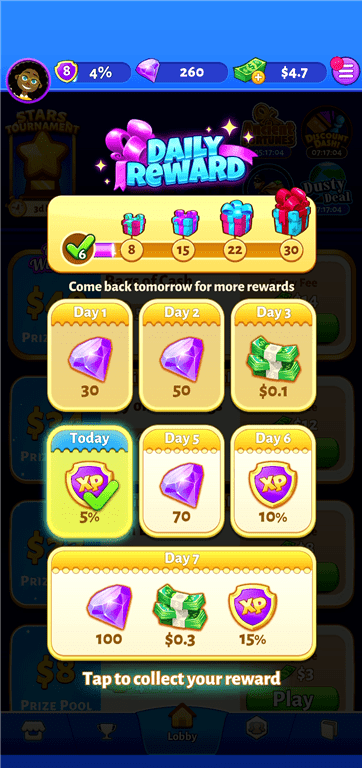 The Bingo Cash app’s Daily Rewards selection.