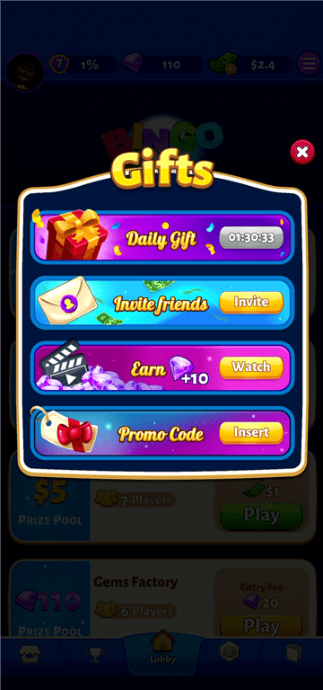 The Bingo Cash Gifts menu featuring the Daily Gift.