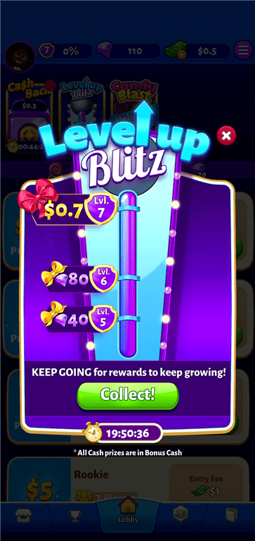 Special Level-Up Blitz feature with bonus rewards on Bingo Cash.