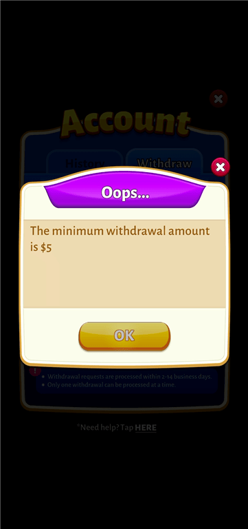 A screenshot showing the Bingo Cash minimum withdrawal of $5