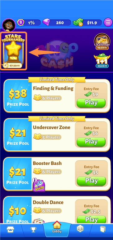 The Bingo Cash Stars Tournament offer in the app.