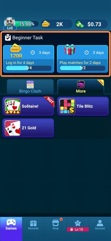 Beginner Task features offering bonus rewards in the Bingo Clash gaming app.