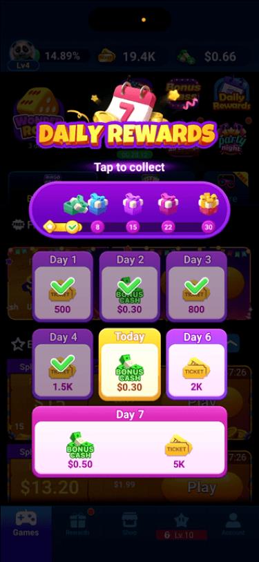 Daily Bonus feature on the Bingo Clash gaming app.