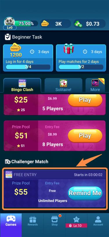 Free game on the Bingo Clash gaming app.