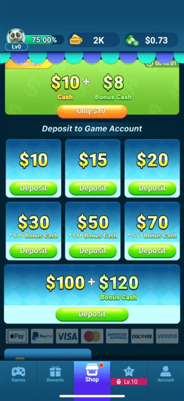 Denominations available for paying deposits on the Bingo Clash gaming app.