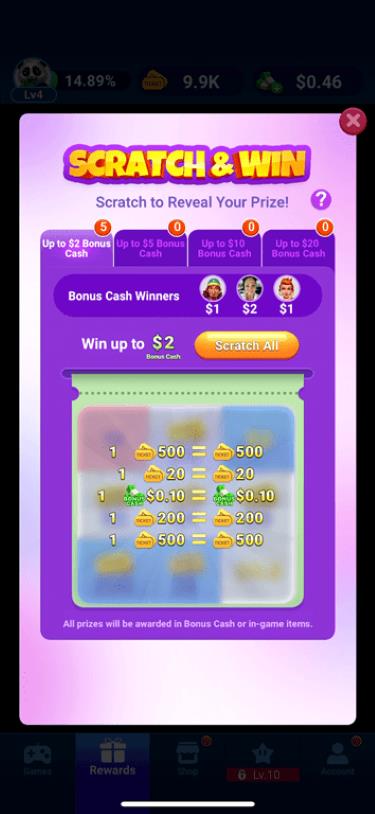 Free rewards for using the Scratch and Win feature on the Bingo Clash gaming app.