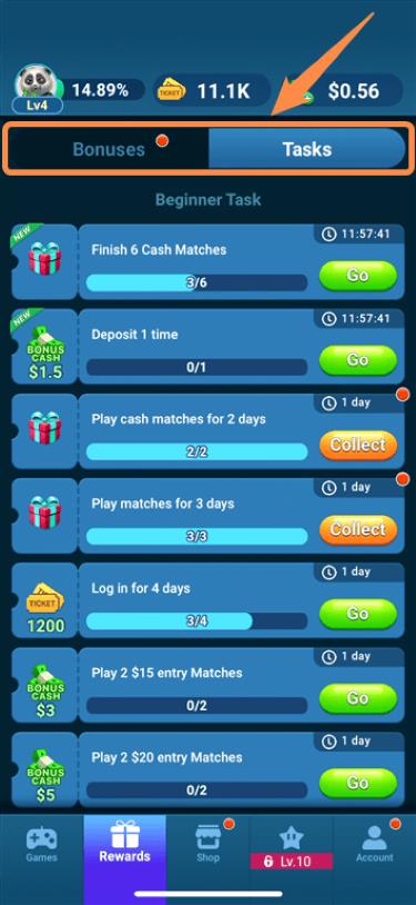 Tasks that offer rewards in the Bingo Clash Results tab.