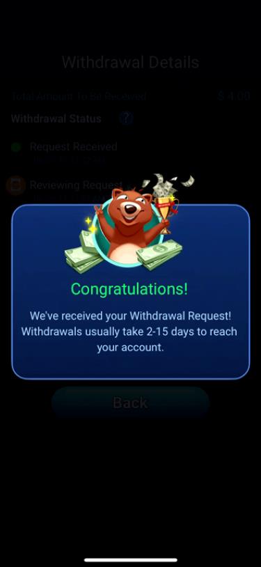 Message about withdrawal times on Bingo Clash.